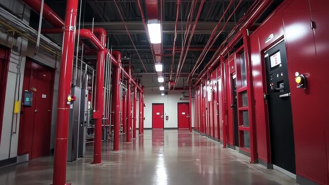 Red fire suppression system in a modern building corridor