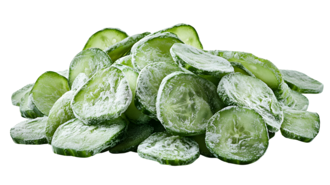 Pile of fresh cucumber slices covered in frost on a black background
