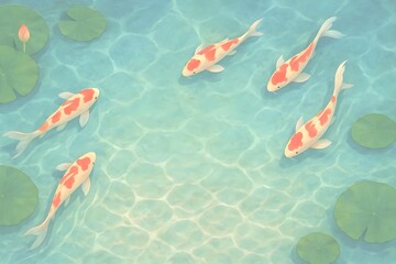 Group of Koi in Clear Pond &ndash; Red and White Fish Swimming with Lotus Leaves