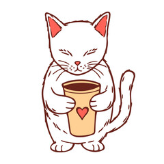 cute sleepy cat with a coffee doodle sketch