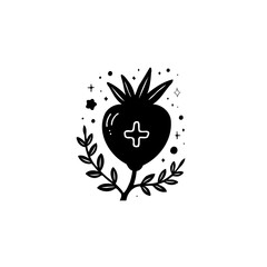 Elegant and minimal black and white rosehip illustration with stylized leaf details