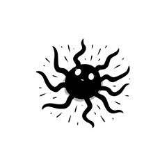 Whimsical black and white illustration of a cartoon sun-like creature with tentacles