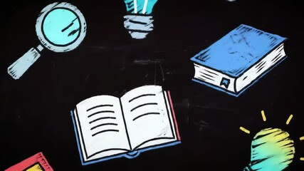 A black background is covered by animated, hand-drawn education symbols such as books, light bulbs, and science tools randomly moving. - Powered by Adobe
