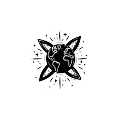 Celestial globe illustration surrounded by Celtic knot emblem radiates cosmic energy