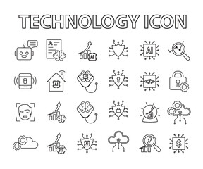 Technology icons set. Automatic, Security systems, Finance, etc. Depicts automation, future, artificial intelligence. Outline design style