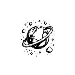 Minimalist depiction of a planet with a ring and celestial bodies in monochrome