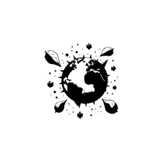 Stylized Earth Icon Surrounded by Geometric Shapes and Scattered Particles in Black and White
