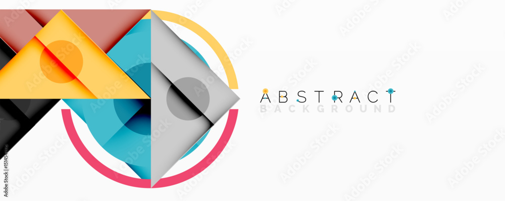Poster geometric shapes overlap, creating vibrant abstract composition. colors include orange, blue, gray, 