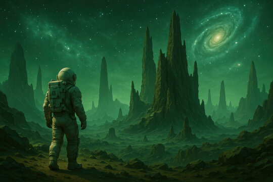 Man in space suit on rocky landscape.