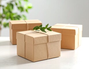 Three beige cardboard boxes tied with twine