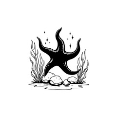 Elegant black and white illustration of a starfish among seaweed and rocks