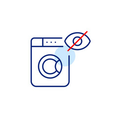 Vector icon of washing machine with crossed-out eye, symbolizing hidden laundry, private settings, or invisible appliance status. Ideal for smart home apps, appliance controls, and privacy