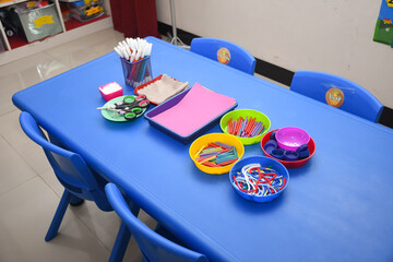 wood toys at pre school classroom. Kindergarten education smart games for children