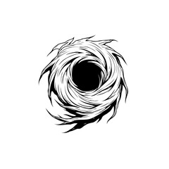 Monochrome swirling vortex artwork featuring intricate line work and stark contrast