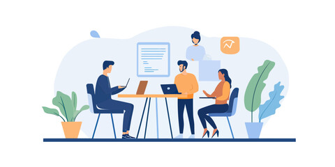 business team meeting collaboration office workspace people working on laptops discussing project flat vector illustration with plants and charts in background