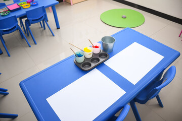 wood toys at pre school classroom. Kindergarten education smart games for children