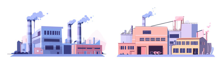 Fototapeta premium Industrial factory plants with smoke emissions and pollution stacks contrasted with clean energy manufacturing in flat minimalist style illustration for environmental impact concept
