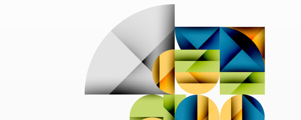 Abstract geometric composition. Shapes overlap, creating colorful visual interest. Minimalist design, modern aesthetic, clean lines present.