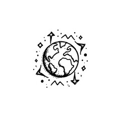 Minimalist Earth Illustration with Celestial Accents and Symbolic Navigation Arrows