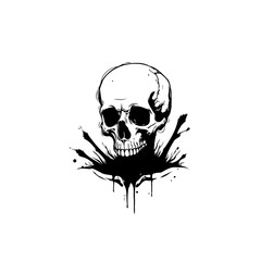 Striking monochrome skull illustration with expressive ink splatters and drips design