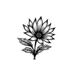 Elegant Black and White Sunflower Illustration with Detailed Petals and Leaves