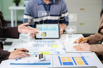 Working team meeting concept, business using laptop and smart phone and digital tablet computer with digital marketing media  in virtual icon