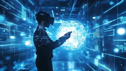 Person wearing a virtual reality headset interacts with a digital interface in a futuristic environment - Powered by Adobe
