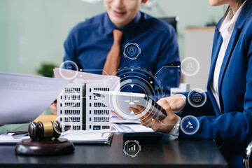 business meeting with legal and real estate advisors using AI technology, digital interfaces, and...