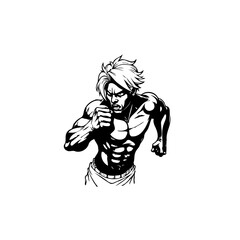 Illustration of muscular man in fighting pose in black and white design