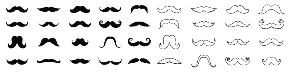 Mustache icon vector set. Black  mustache silhouette and line icon on white background. Different mustache collection. silhouette Vector illustration.