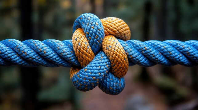 Tight knot in blue and orange rope