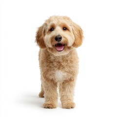 Obraz premium Adorable curly-haired puppie, fluffy cream and light brown dog portrait with playful expression isolated on white background