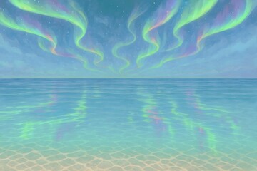 Tropical Aurora over Calm Sea – Dreamy Ocean Illustration with Pastel Sky
