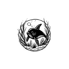 Monochromatic marine life: Artistic orca illustration in circular frame design