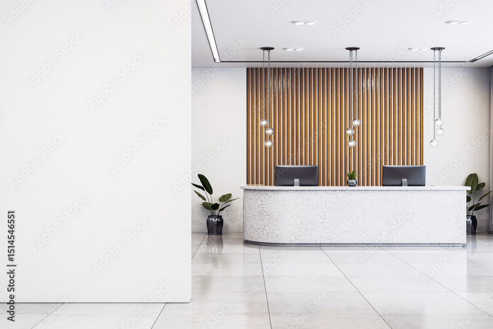 Poster modern corporate reception desk with computer monitors and decorative lights in a clean, bright hall
