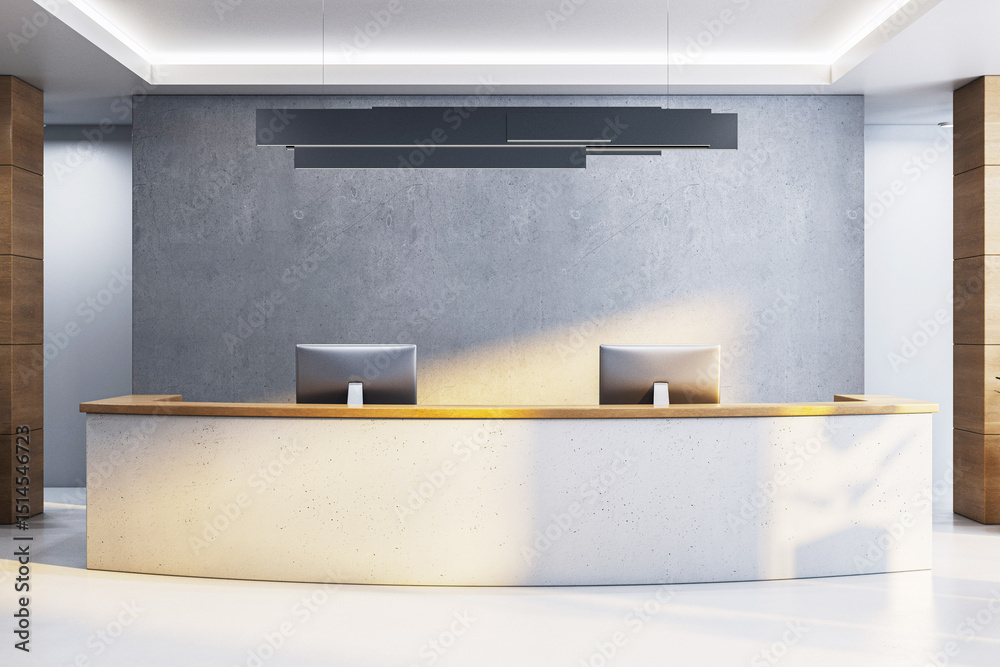 Poster modern corporate reception desk with dual computer monitors in a minimalist office interior, concret