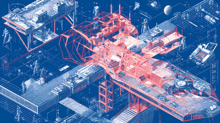 concept design for lunar tech expo | post-industrial discovery | rational detachment | retro console tones | isometric technical view | deep space cruisers | structural frame detailing | technical