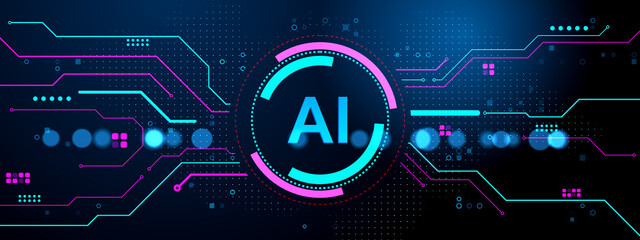 Futuristic AI interface with neon circuits and glowing tech elements on dark digital background in modern abstract design template style. 3D Rendering