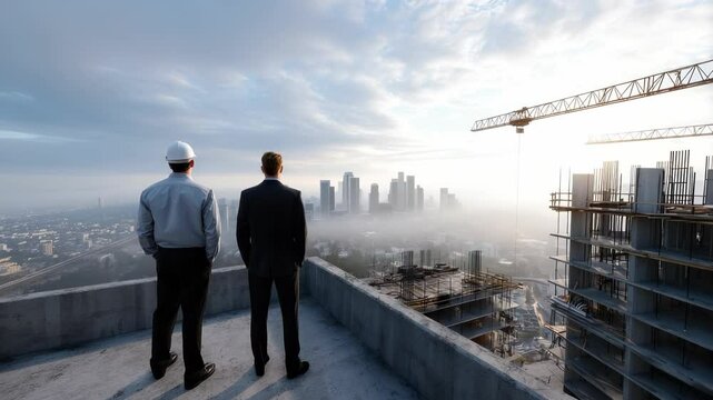 Businessman rooftop observer: urban construction, real estate, venture capital, financial planning, roi analysis, project profitability, asset management, economic growth, city planning, architecture