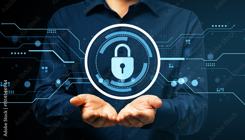 Poster businessperson showing digital padlock icon with hands representing cybersecurity and data protectio