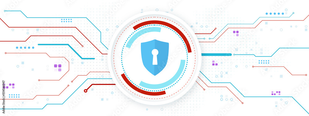 Poster Cybersecurity shield symbol surrounded by circuit lines in red and blue on a light digital background representing data protection concept. 3D Rendering