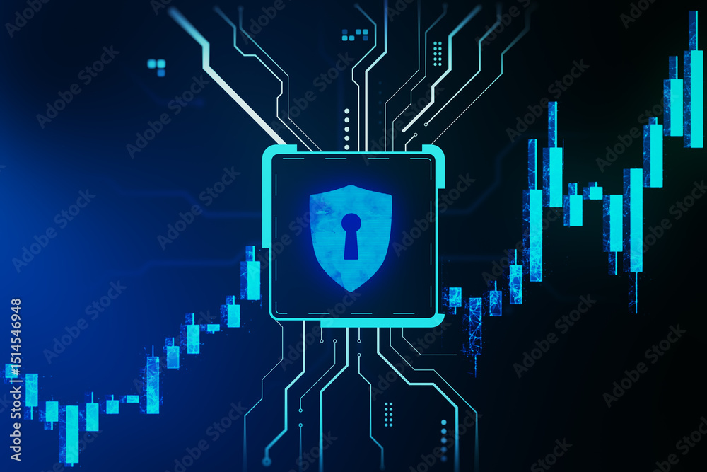 Poster Digital cybersecurity shield icon integrated with circuit traces and candlestick chart glowing on dark background, symbolizing data protection concept. 3D Rendering
