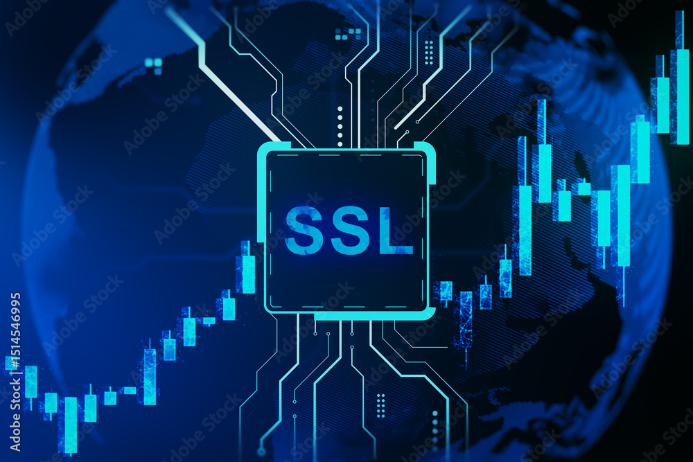Leinwandbilder ssl cybersecurity concept with glowing circuit board and digital candlestick chart on blue futuristi