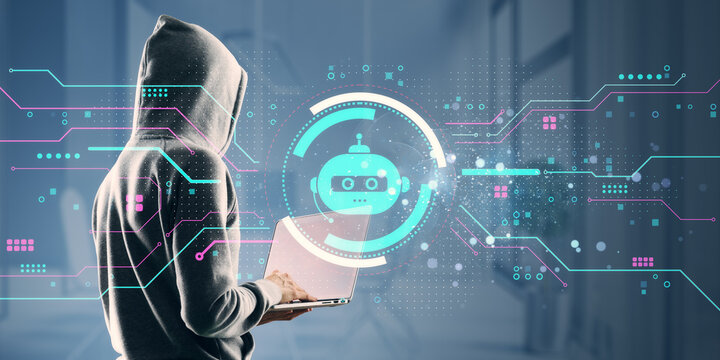 Hacker in hoodie using laptop with digital chatbot interface and circuit graphics on blurred futuristic background, symbolizing cybercrime and online threats. - Powered by Adobe