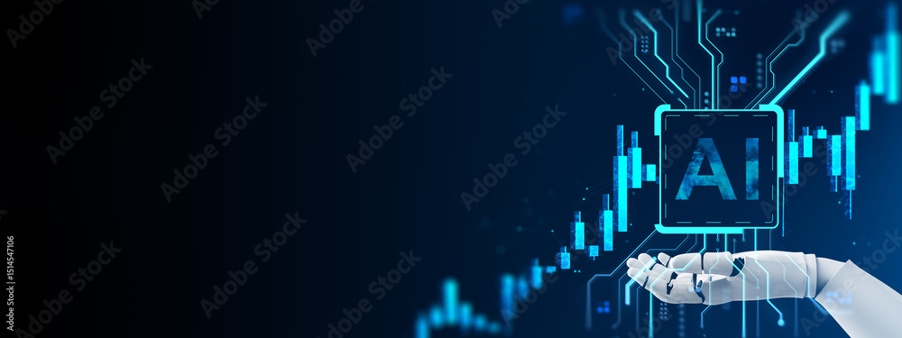 Aufkleber artificial intelligence hand holding ai chip with digital financial market graph on blue background,