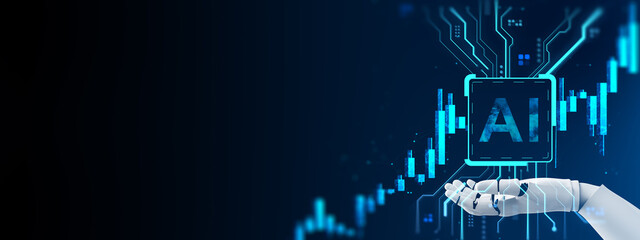 Artificial intelligence hand holding AI chip with digital financial market graph on blue background, symbolizing fintech and future technology growth. 3D Rendering