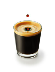 glass of espresso coffee with splash and drop isolated on white background