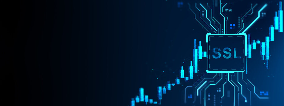 SSL security concept with glowing circuit board and digital financial bar chart on dark background, symbolizing encrypted data and protection. 3D Rendering