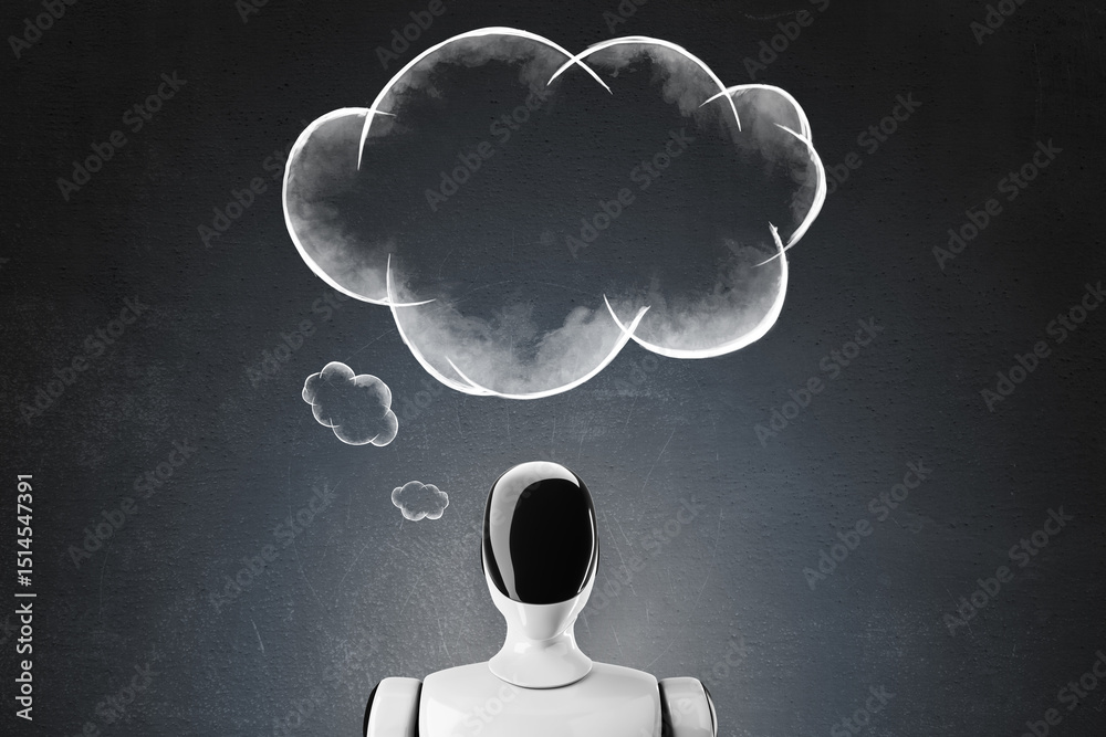 Leinwandbilder futuristic white humanoid robot with glossy black faceplate imagining a cloud on a dark concrete bac