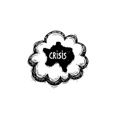 Conceptual Black and White Crisis Illustration with Stylized Cloud and Bold Text